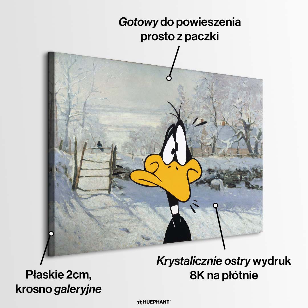 Obraz na płótnie Winter Time z kaczą postacią na tle zimowego pejzażu, nowoczesny wydruk galeryjny łączący pop art i klasyczną scenerię.