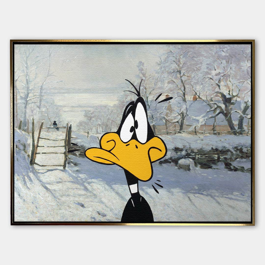 Obraz na płótnie Winter Time z kaczą postacią na tle zimowego pejzażu, nowoczesny wydruk galeryjny łączący pop art i klasyczną scenerię.