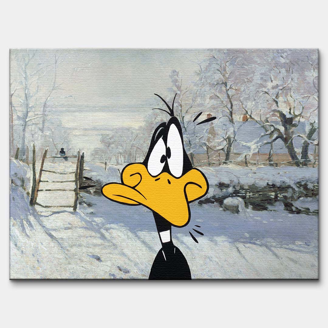 Obraz na płótnie Winter Time z kaczą postacią na tle zimowego pejzażu, nowoczesny wydruk galeryjny łączący pop art i klasyczną scenerię.