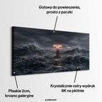 Mroczny i nowoczesny obraz na płótnie przedstawiający wzburzone fale sztormu na oceanie oraz świecący neonowy napis You'll figure it out.