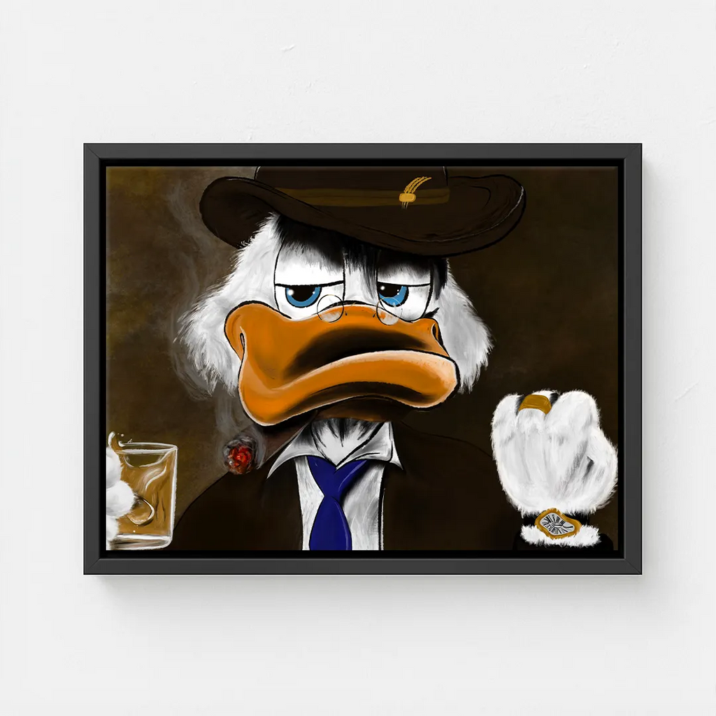 Obraz na płótnie "Boss Duck" z postacią Sknerusa McKwacza w mafijnej stylizacji, z cygarem i whisky, utrzymany w ciemnej kolorystyce