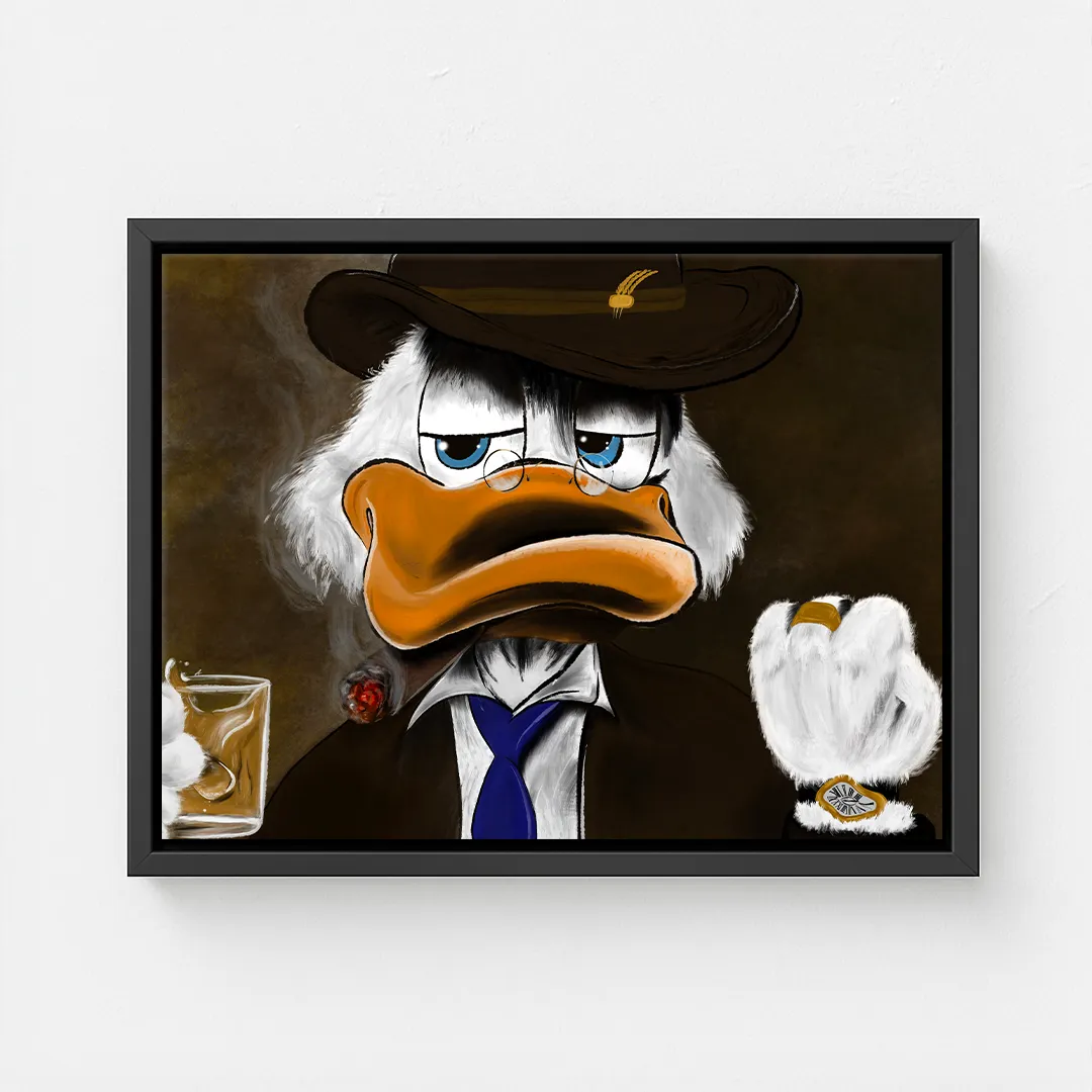 Obraz na płótnie "Boss Duck" z postacią Sknerusa McKwacza w mafijnej stylizacji, z cygarem i whisky, utrzymany w ciemnej kolorystyce