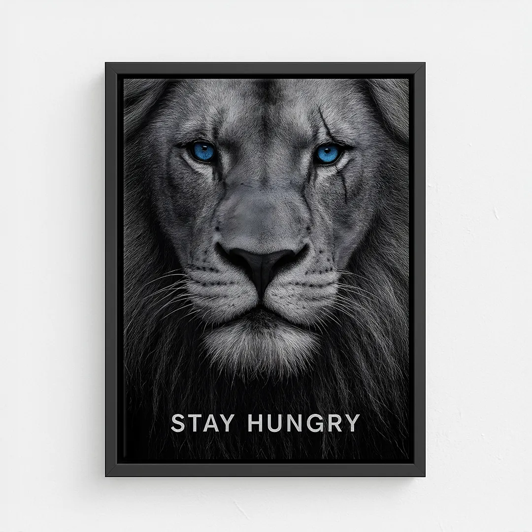motywacyjny obraz na płótnie stay hungry z lwem