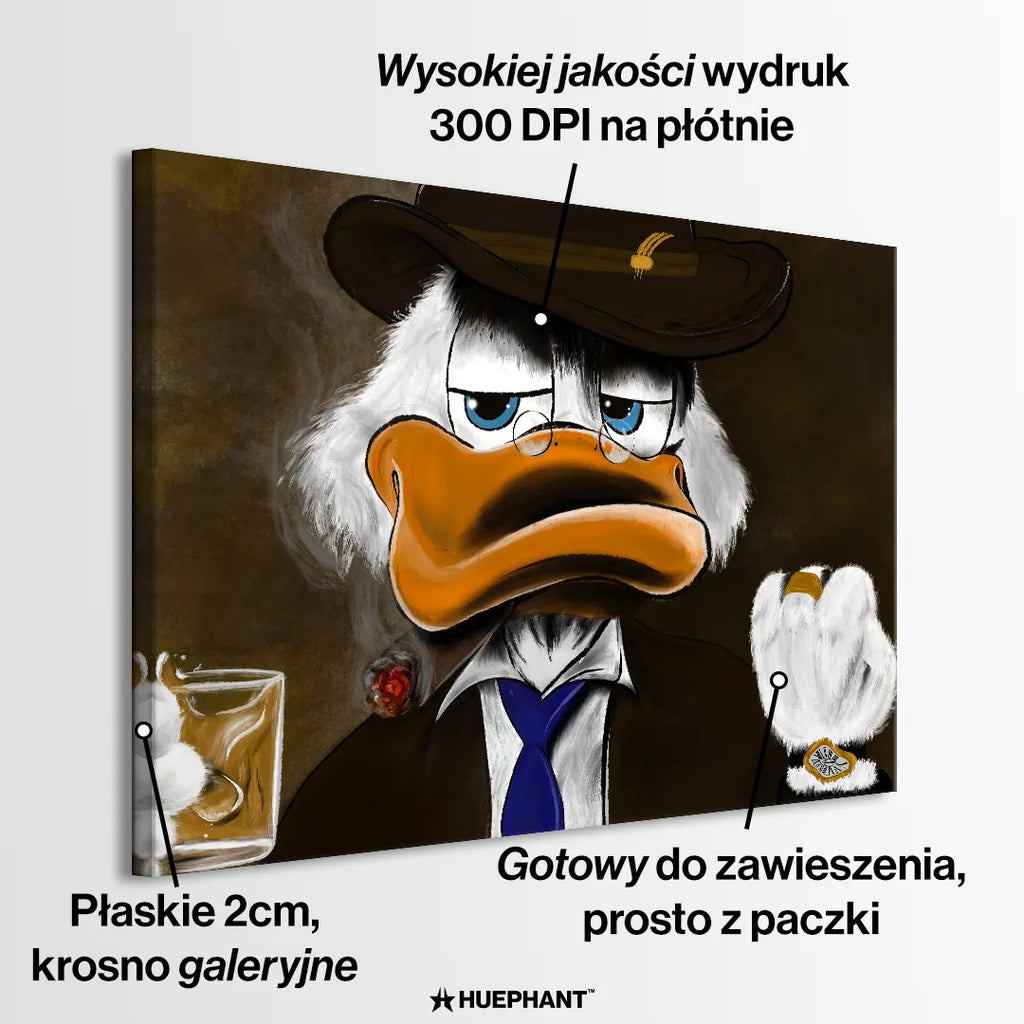 Obraz na płótnie "Boss Duck" z postacią Sknerusa McKwacza w mafijnej stylizacji, z cygarem i whisky, utrzymany w ciemnej kolorystyce