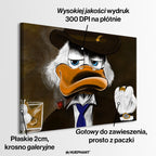Obraz na płótnie "Boss Duck" z postacią Sknerusa McKwacza w mafijnej stylizacji, z cygarem i whisky, utrzymany w ciemnej kolorystyce