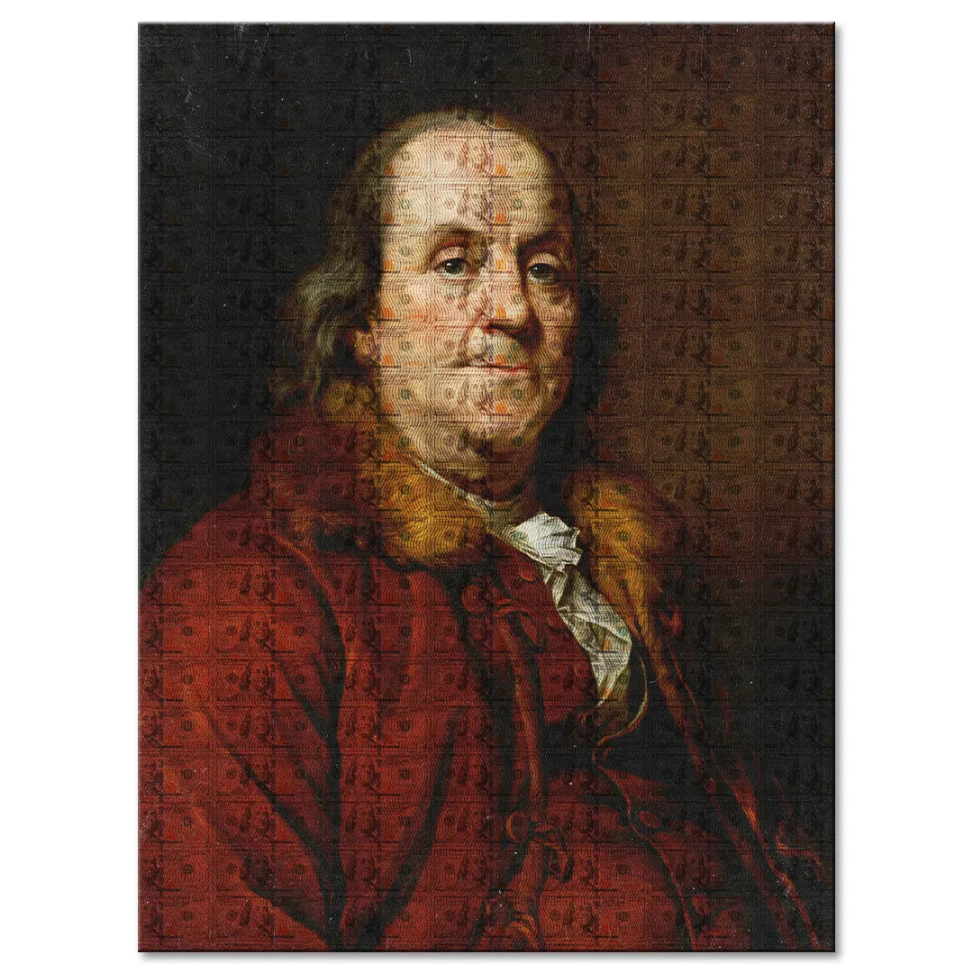 Obraz na płótnie przedstawiający portret Benjamina Franklina w historycznym stroju, z nałożonym tłem z motywem stu dolarowych banknotów
