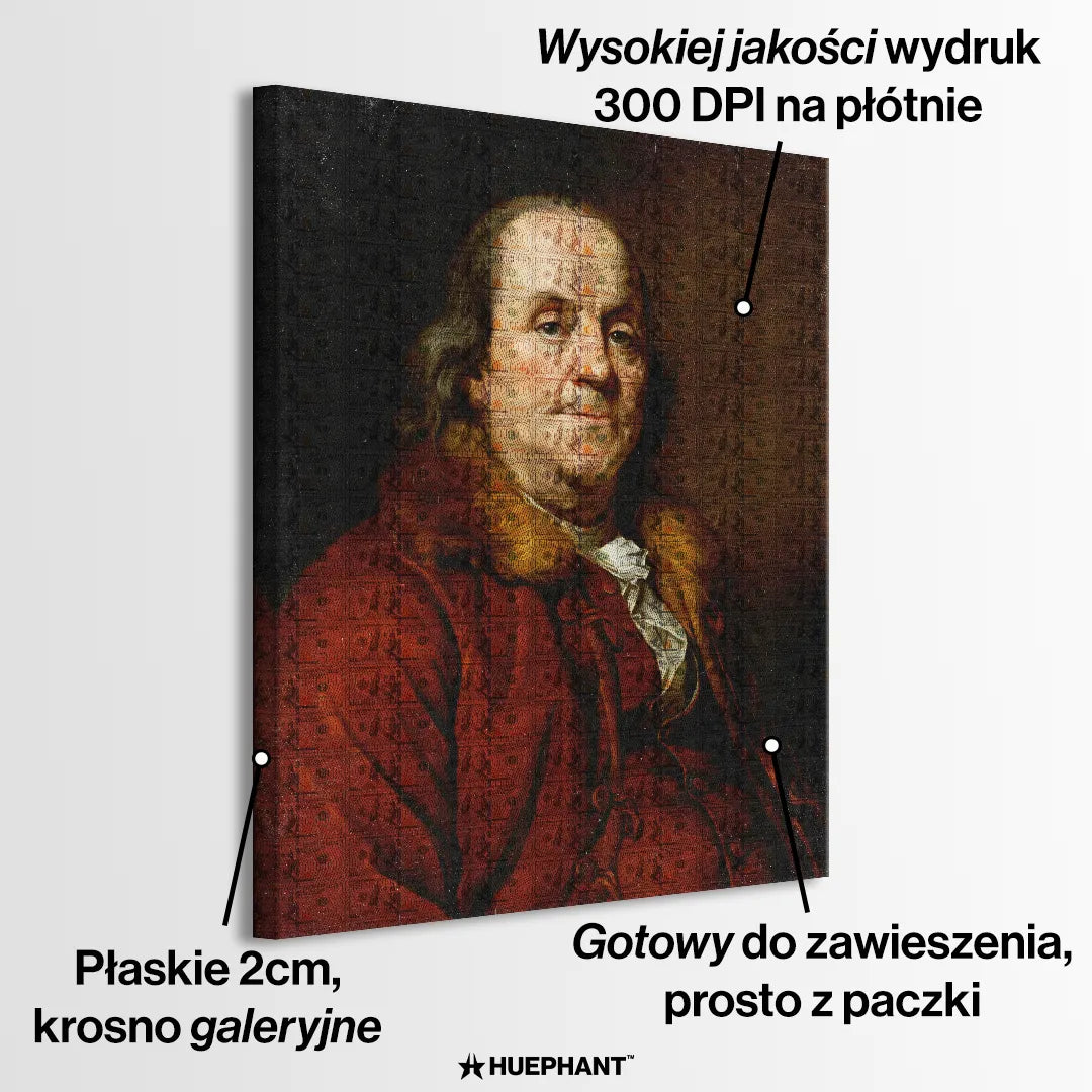 Obraz na płótnie przedstawiający portret Benjamina Franklina w historycznym stroju, z nałożonym tłem z motywem stu dolarowych banknotów