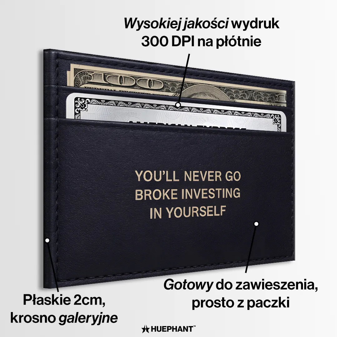 motywacyjny obraz na płótnie invest in yourself portfel z pieniędzmi i kartą kredytową 