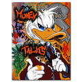 Obraz na płótnie Money Talks ze Sknerusem McKwaczem w pop-artowym stylu, z cygarem i graffiti w tle, symbolizujący luksus i pewność siebie.