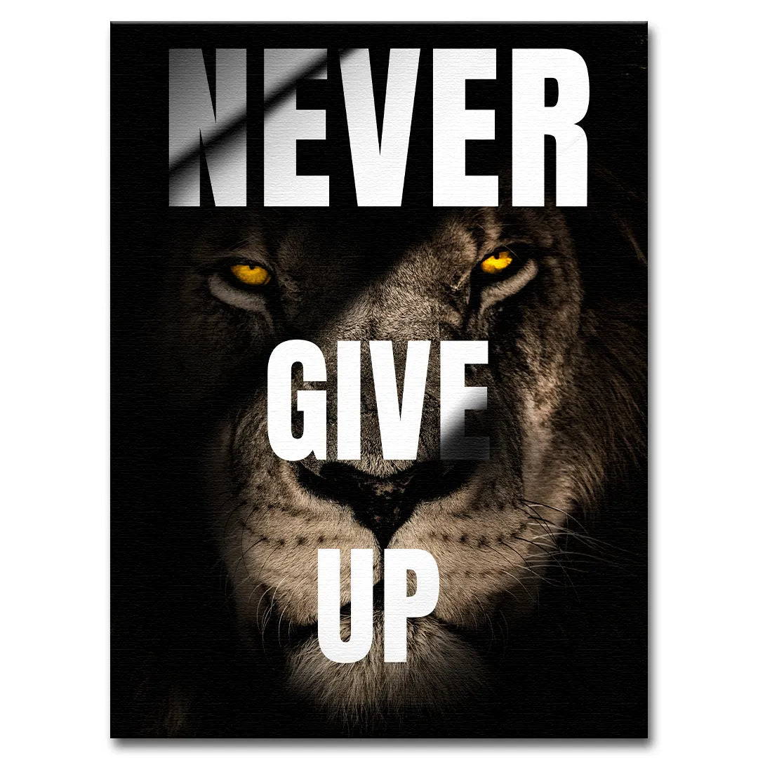 motywacyjny obraz na płótnie never give up z lwem