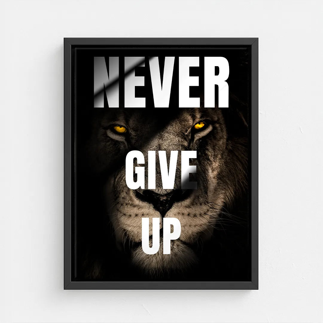 motywacyjny obraz na płótnie never give up z lwem