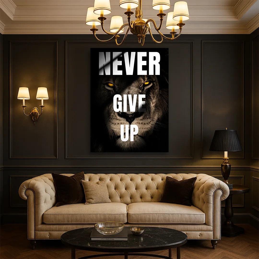 motywacyjny obraz na płótnie never give up z lwem