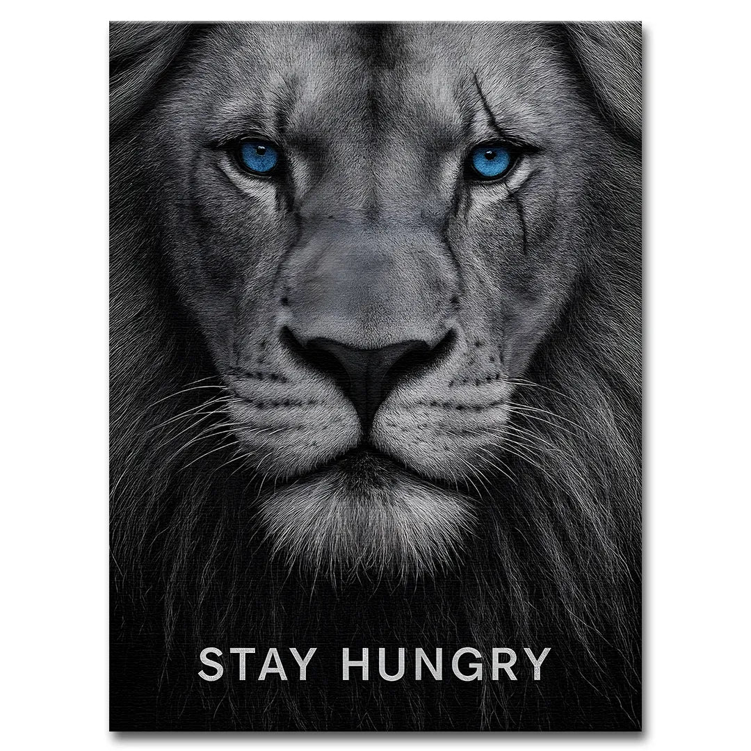 motywacyjny obraz na płótnie stay hungry z lwem