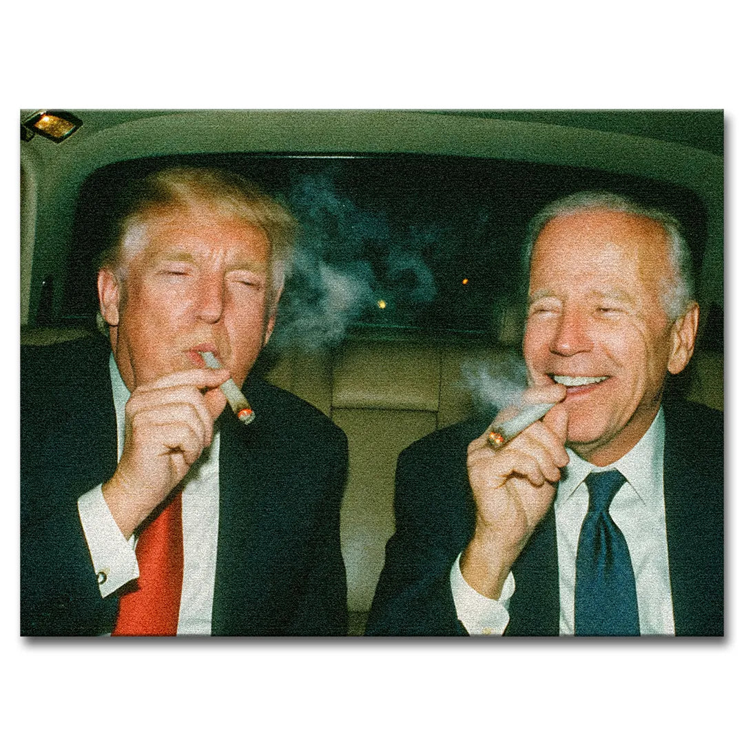obraz na płótnie vibe ride donald trump joe biden dekoracja ścienna pop aart dekoracja na ścianę nowoczesna obraz na ścianę z politykiem humorystyczny obraz na ścianę palą papierosy