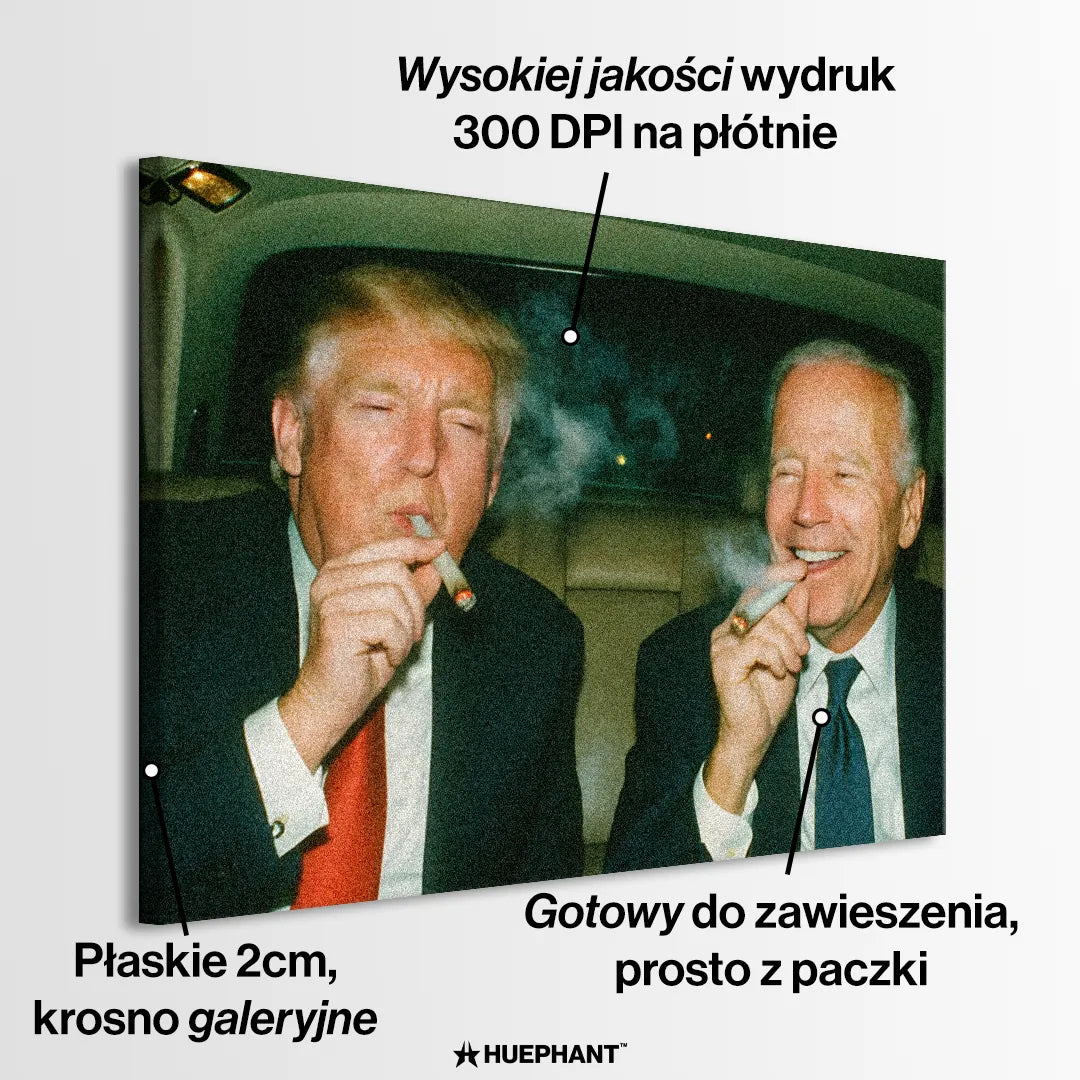 obraz na płótnie vibe ride donald trump joe biden dekoracja ścienna pop aart dekoracja na ścianę nowoczesna obraz na ścianę z politykiem humorystyczny obraz na ścianę palą papierosy