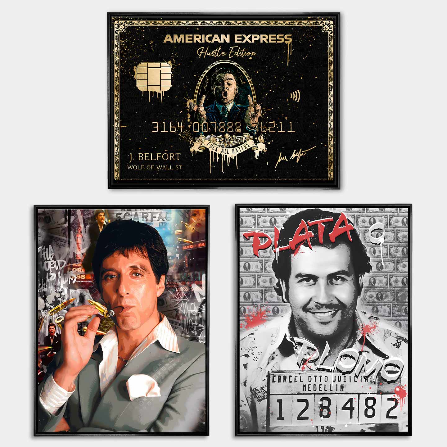Zestaw obrazów na płótnie „Gangster Set” - Wilk z Wall Street, Pablo Escobar i Scarface, sztuka inspirowana ikonami gangsterów i sukcesu.