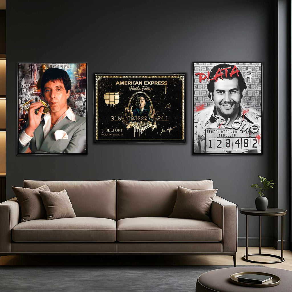 Zestaw obrazów na płótnie „Gangster Set” - Wilk z Wall Street, Pablo Escobar i Scarface, sztuka inspirowana ikonami gangsterów i sukcesu.