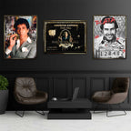 Zestaw obrazów na płótnie „Gangster Set” - Wilk z Wall Street, Pablo Escobar i Scarface, sztuka inspirowana ikonami gangsterów i sukcesu.