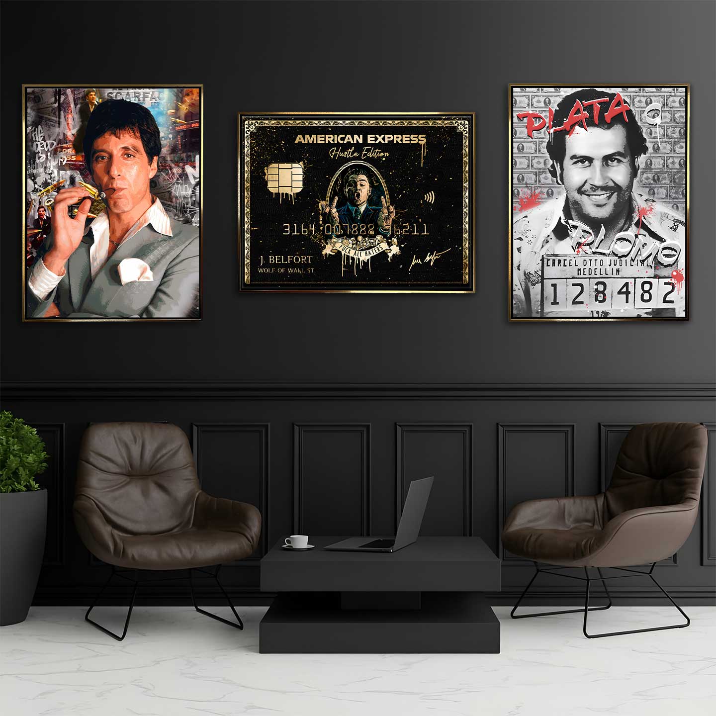 Zestaw obrazów na płótnie „Gangster Set” - Wilk z Wall Street, Pablo Escobar i Scarface, sztuka inspirowana ikonami gangsterów i sukcesu.