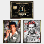 Zestaw obrazów na płótnie „Gangster Set” - Wilk z Wall Street, Pablo Escobar i Scarface, sztuka inspirowana ikonami gangsterów i sukcesu.