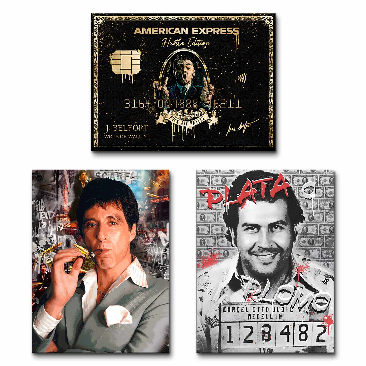 Zestaw obrazów na płótnie „Gangster Set” - Wilk z Wall Street, Pablo Escobar i Scarface, sztuka inspirowana ikonami gangsterów i sukcesu.