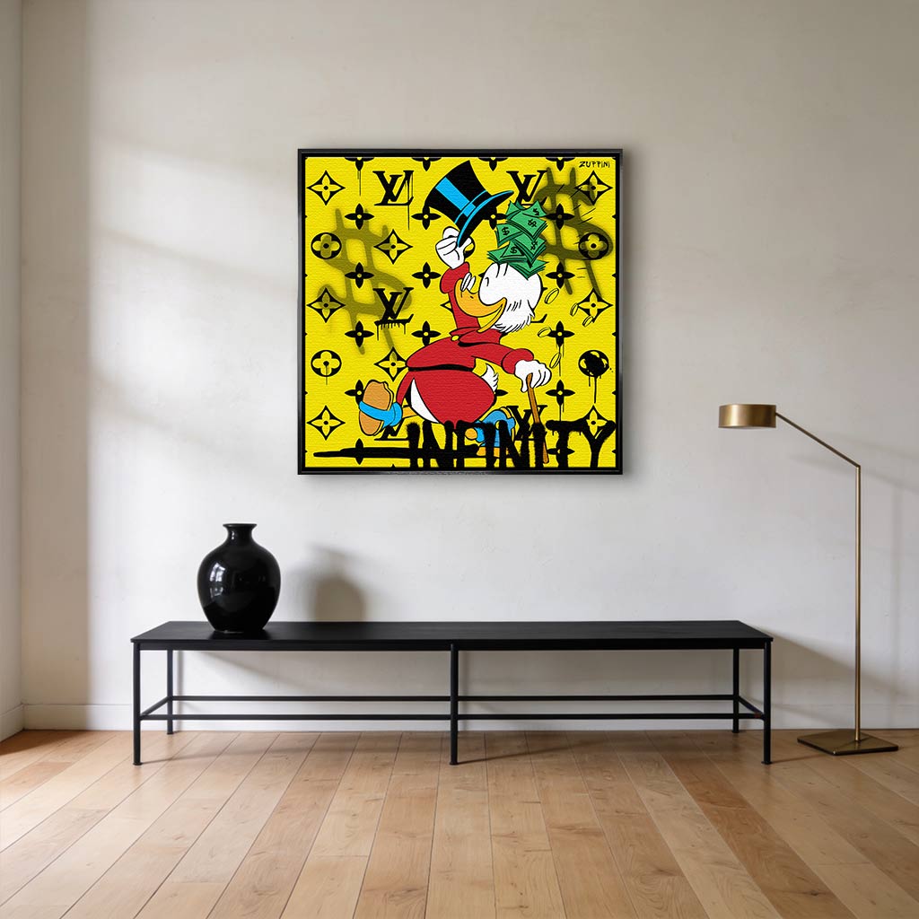 Obraz na płótnie Scrooge Infinity. Nowoczesna sztuka i wydruk galeryjny pop-art ze Sknerusem McKwaczem, plikiem banknotów pod cylindrem i luksusowym tłem.