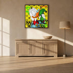 Obraz na płótnie Make Money Not Friends. Nowoczesna sztuka i wydruk galeryjny pop-art ze Sknerusem McKwaczem, plikiem banknotów i monogramem luksusowej marki.