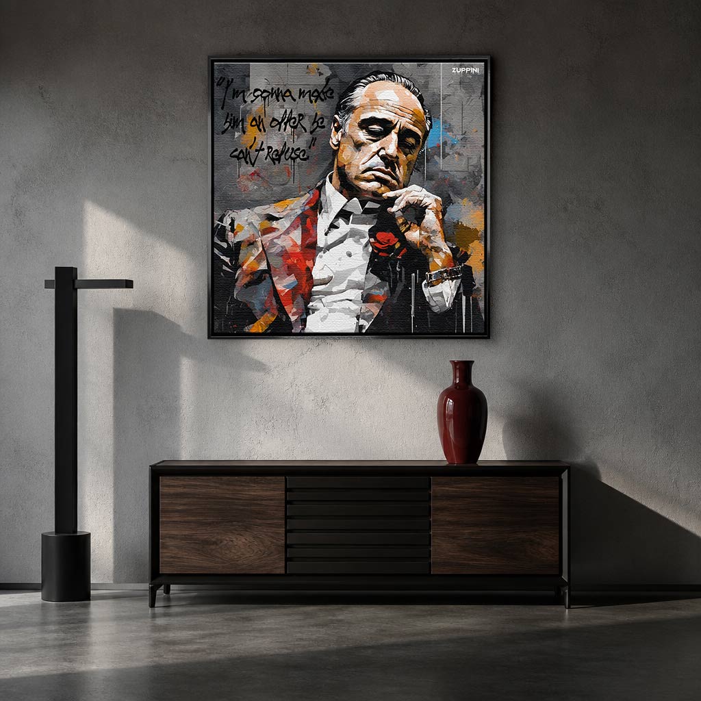 Obraz na płótnie Godfather Offer. Nowoczesna sztuka i wydruk galeryjny z portretem Ojca Chrzestnego i kultowym cytatem o ofercie nie do odrzucenia.