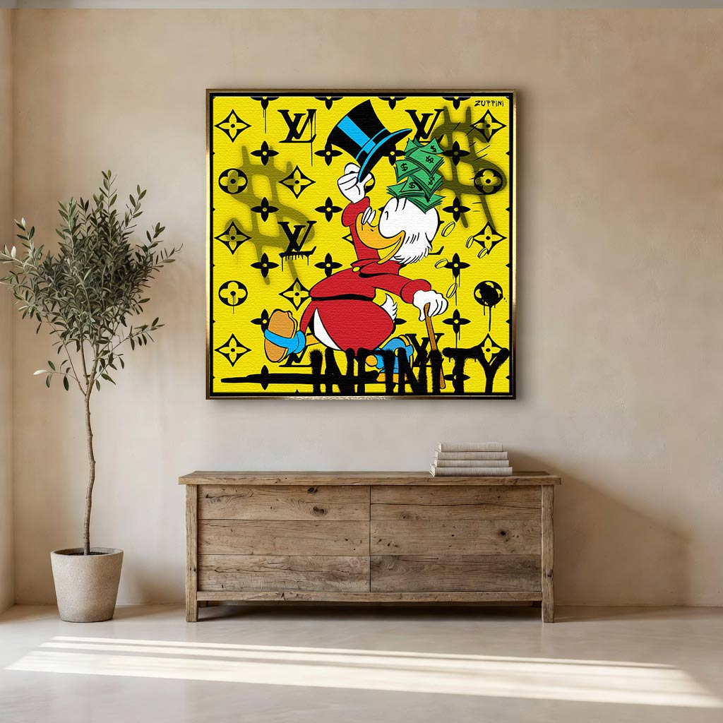 Obraz na płótnie Scrooge Infinity. Nowoczesna sztuka i wydruk galeryjny pop-art ze Sknerusem McKwaczem, plikiem banknotów pod cylindrem i luksusowym tłem.
