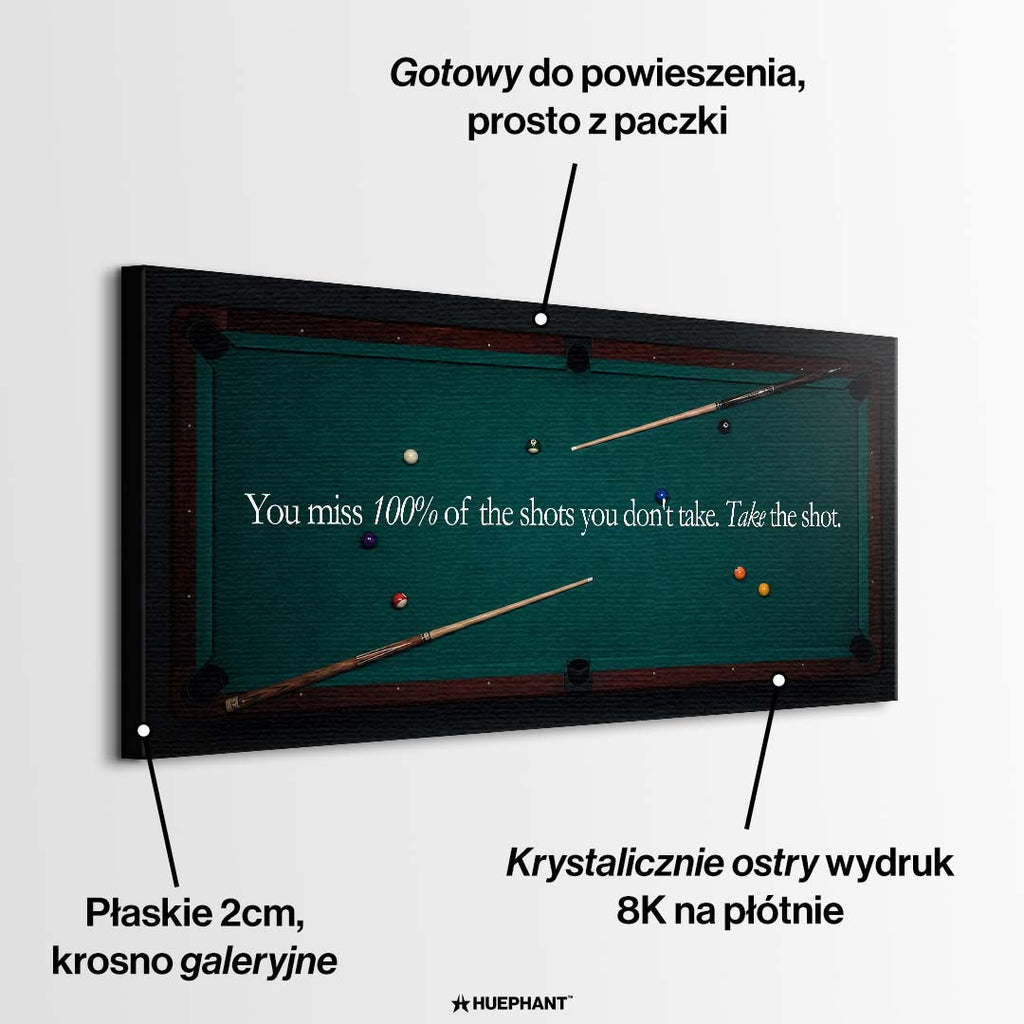 Nowoczesny obraz na płótnie przedstawiający stół bilardowy z góry, kije, bile oraz motywacyjny cytat. Ekskluzywny wydruk galeryjny Huephant.