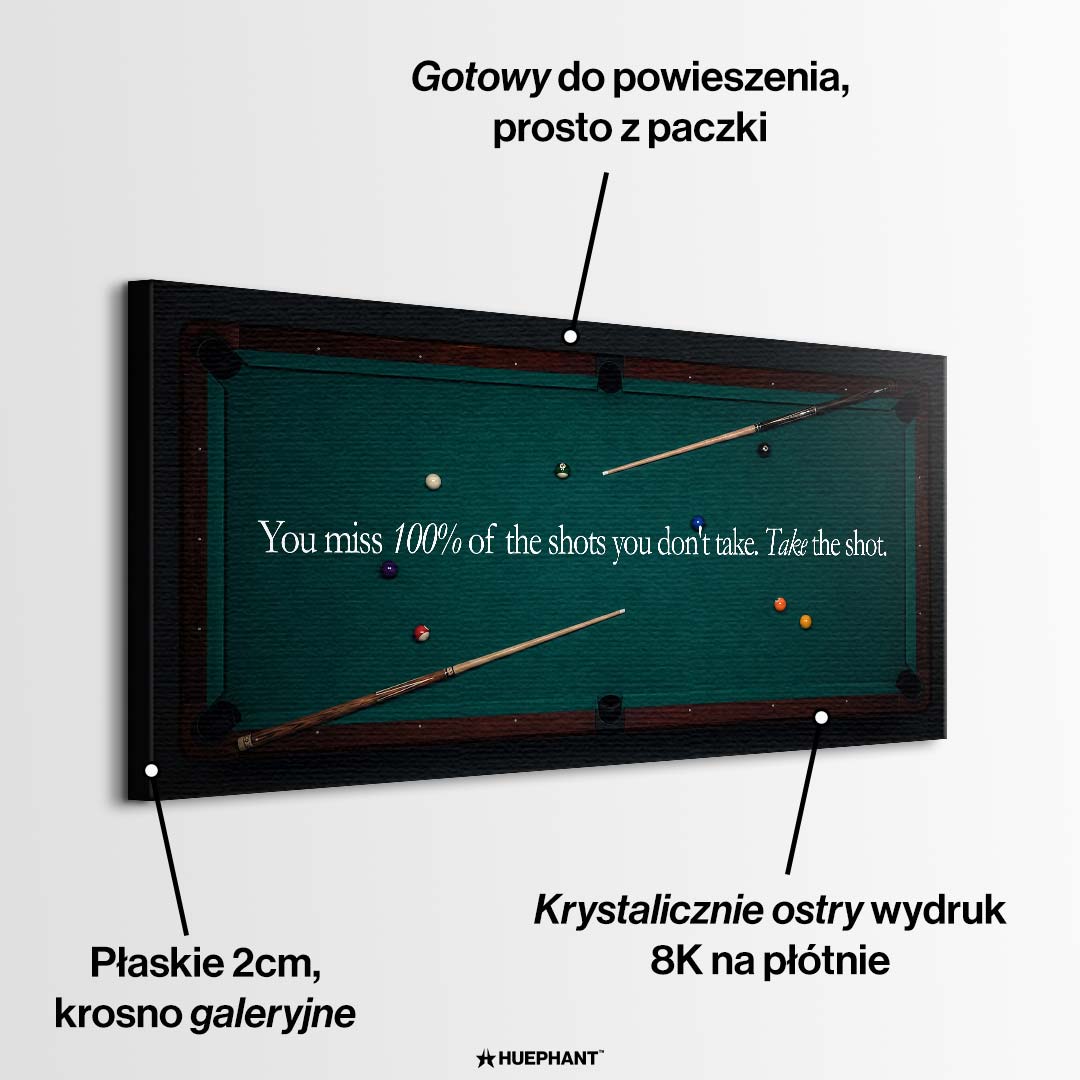 Nowoczesny obraz na płótnie przedstawiający stół bilardowy z góry, kije, bile oraz motywacyjny cytat. Ekskluzywny wydruk galeryjny Huephant.