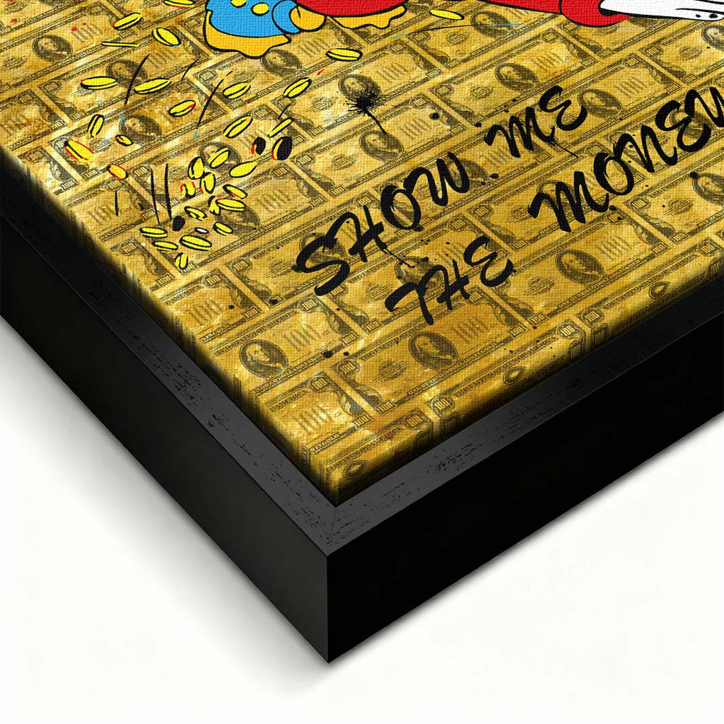 Obraz na płótnie Show Me The Money z komiksową kaczą postacią, monetami i tłem z banknotów, złoty wydruk galeryjny w stylu pop-art.
