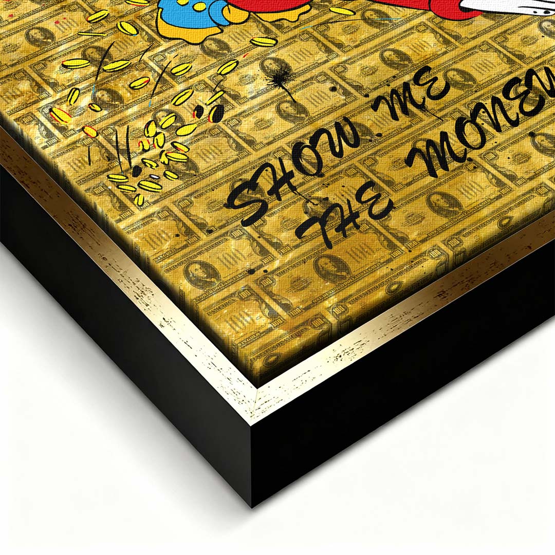 Obraz na płótnie Show Me The Money z komiksową kaczą postacią, monetami i tłem z banknotów, złoty wydruk galeryjny w stylu pop-art.