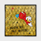 Obraz na płótnie ze Sknerusem McKwaczem „Show Me The Money Duck” nurkującym w złote monety na tle banknotów – symbol bogactwa i sukcesu.