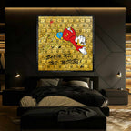 Obraz na płótnie ze Sknerusem McKwaczem „Show Me The Money Duck” nurkującym w złote monety na tle banknotów – symbol bogactwa i sukcesu.