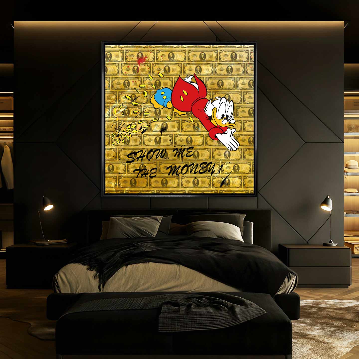 Obraz na płótnie ze Sknerusem McKwaczem „Show Me The Money Duck” nurkującym w złote monety na tle banknotów – symbol bogactwa i sukcesu.