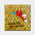 Obraz na płótnie ze Sknerusem McKwaczem „Show Me The Money Duck” nurkującym w złote monety na tle banknotów – symbol bogactwa i sukcesu.