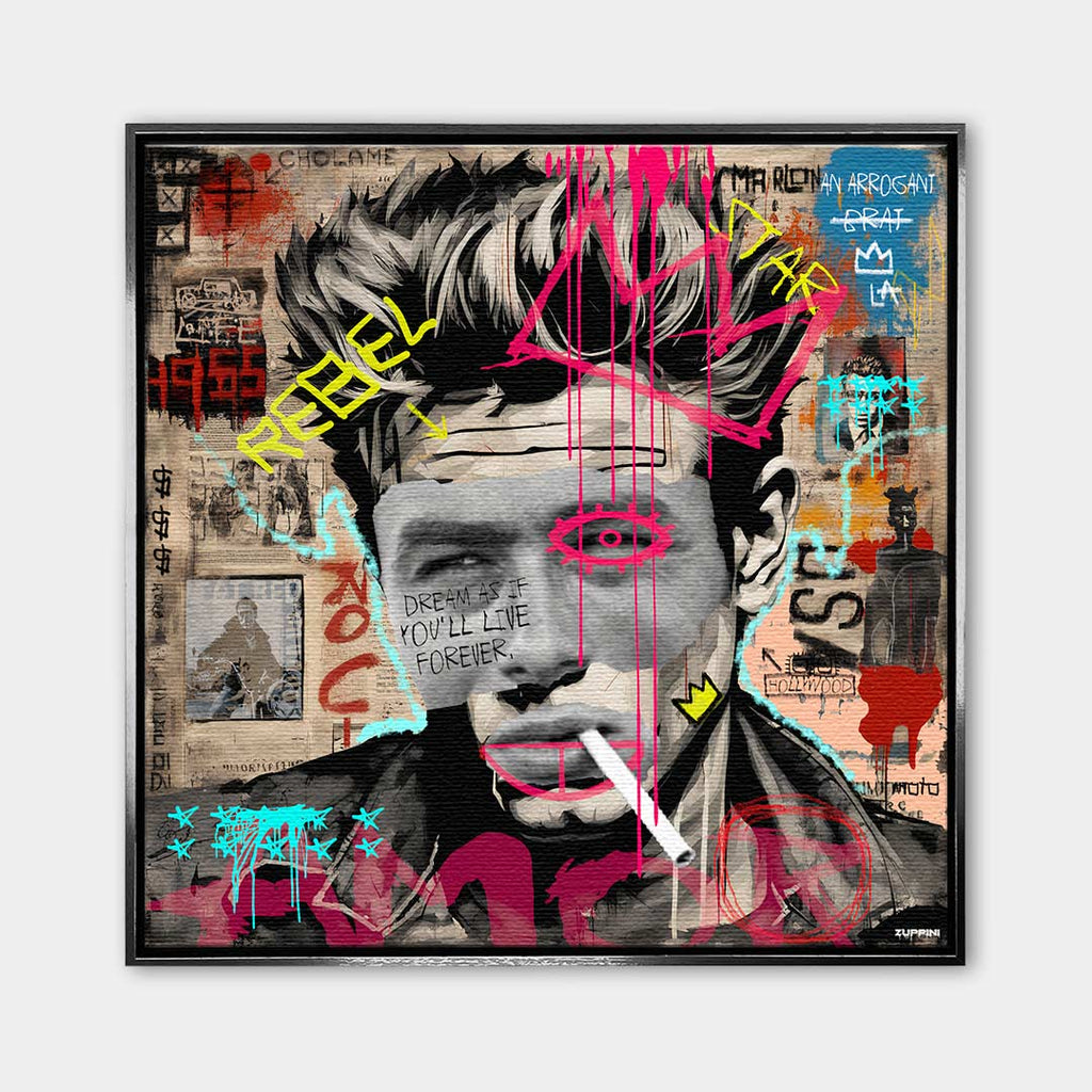 Nowoczesny obraz na płótnie James Dean Rebel, wydruk galeryjny w stylu pop-art i graffiti, portret aktora z napisem Dream as if you'll live forever, marka Huephant, limitowana edycja.
