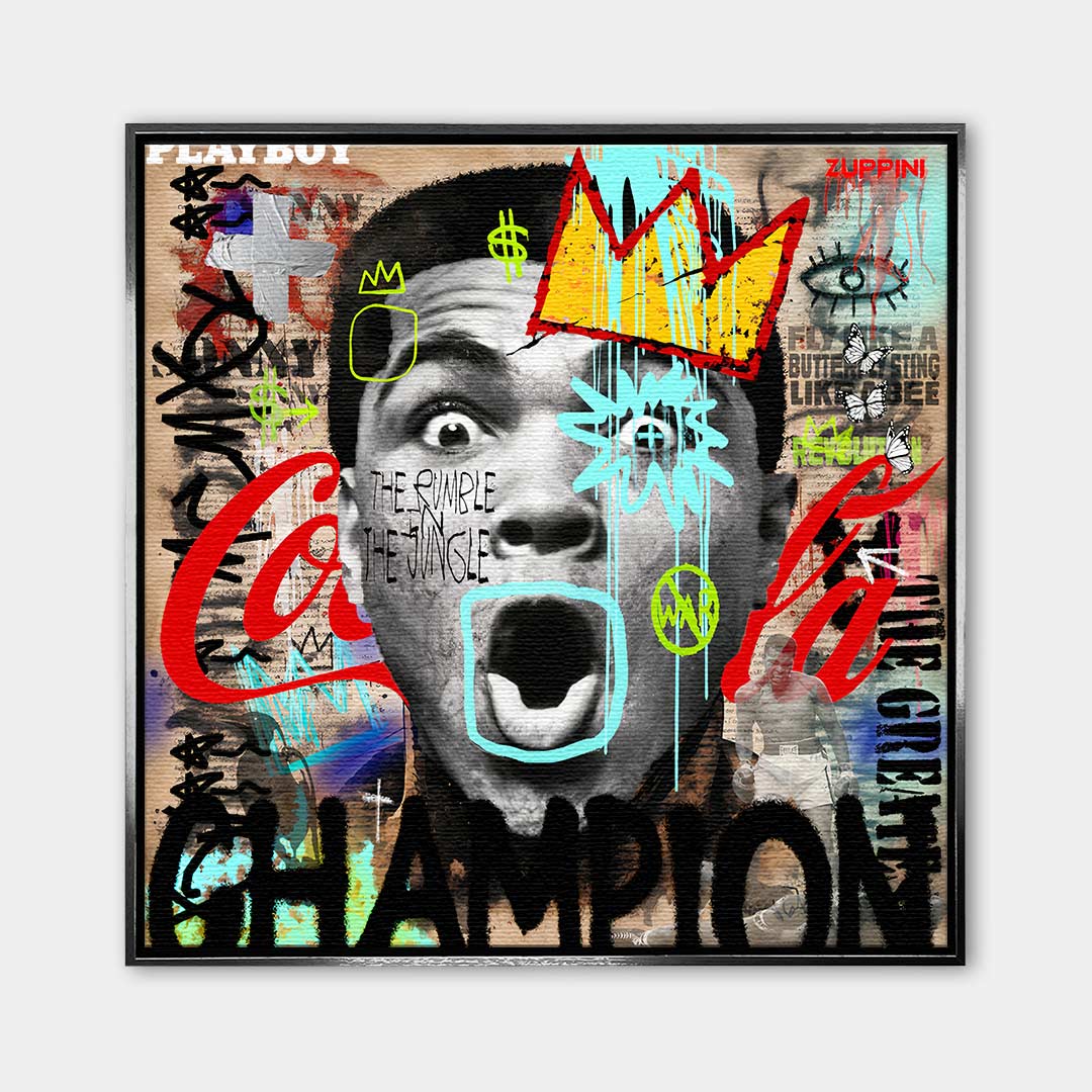 Obraz na płótnie Ali Champion. Nowoczesna sztuka pop-art z Muhammadem Alim w koronie. Ekskluzywny wydruk galeryjny, motywacyjne graffiti.