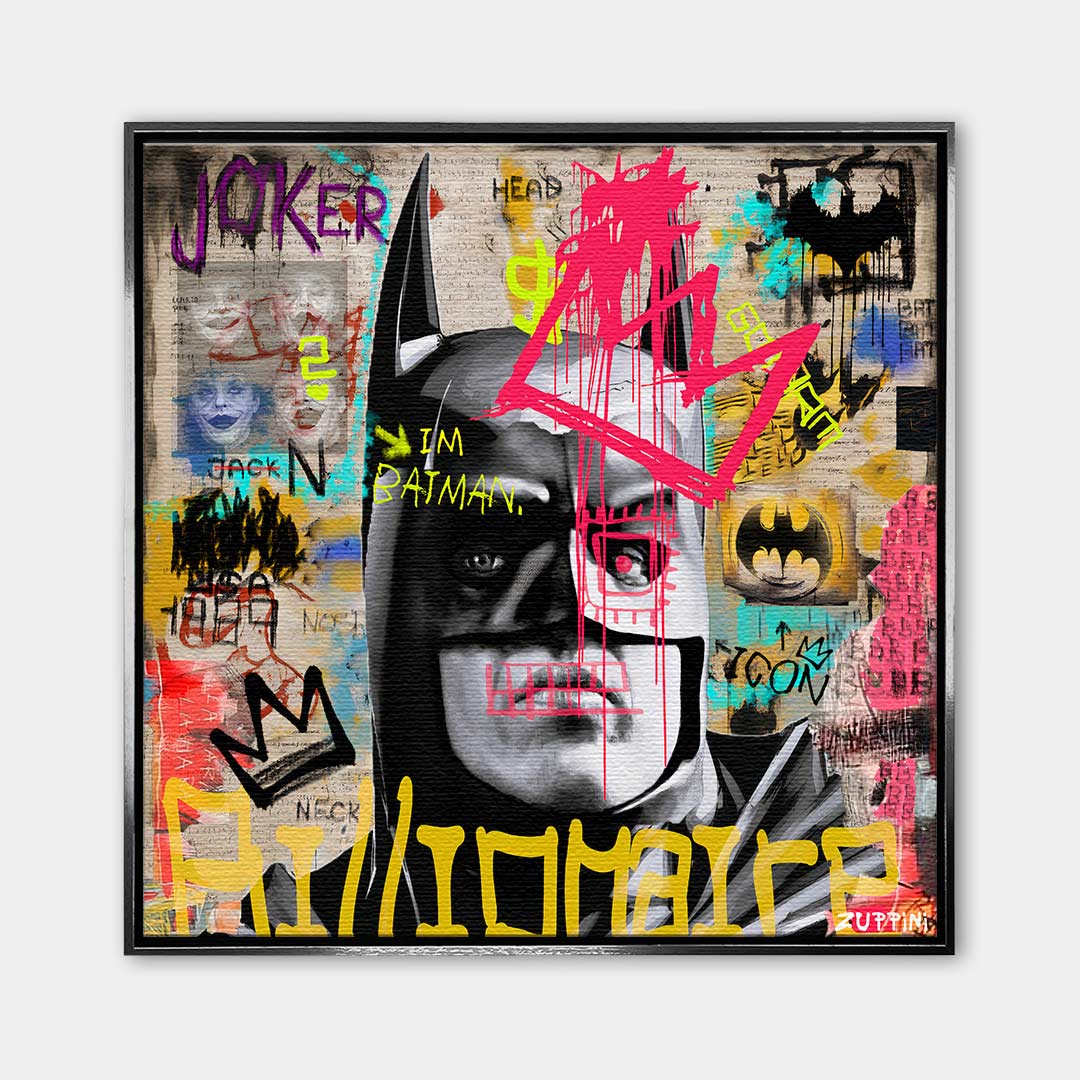 Obraz na płótnie Batman Billionaire. Nowoczesny wydruk galeryjny łączący pop art i street art. Sztuka nowoczesna z motywem Batmana i wyrazistym graffiti.