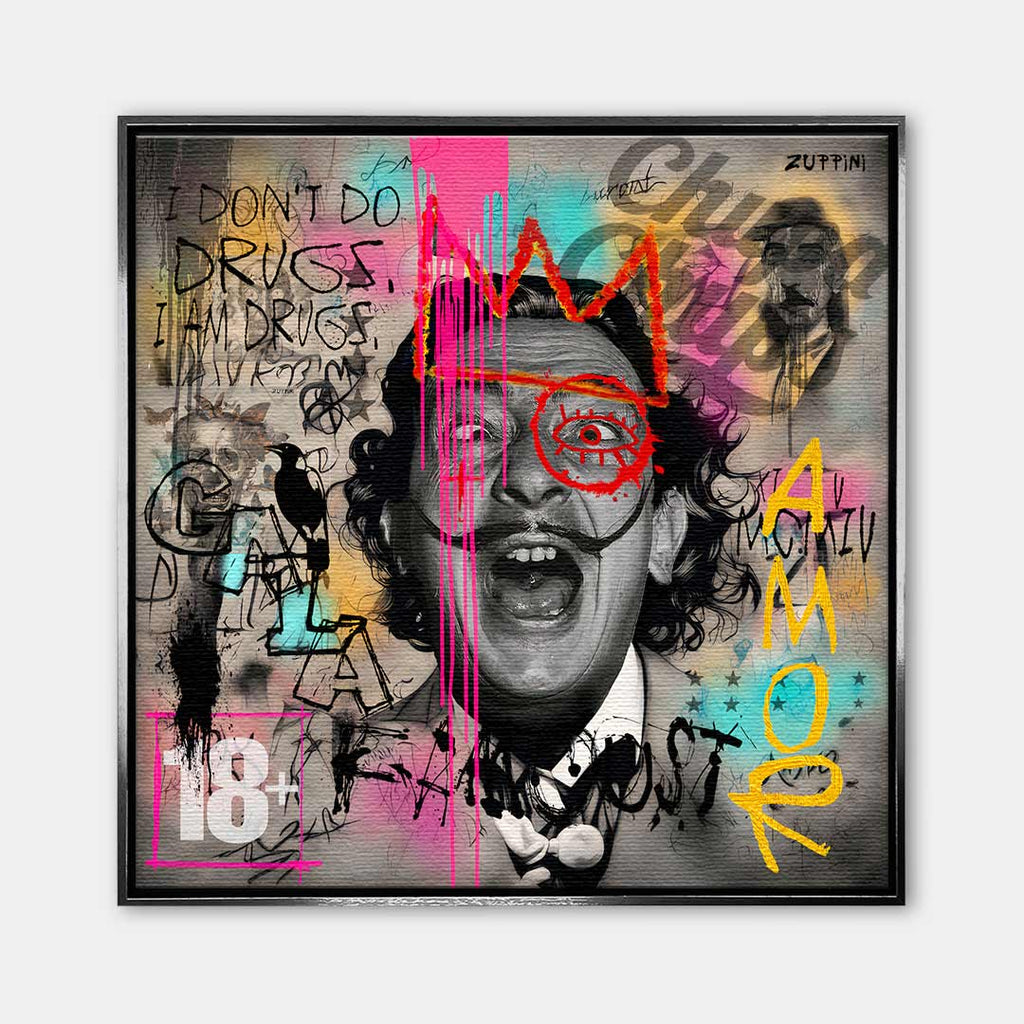Nowoczesny obraz na płótnie Dali Manifest, wydruk galeryjny pop-art, czarno-biały portret Salvadora Dali z kolorowym graffiti, marka Huephant, limitowana edycja.