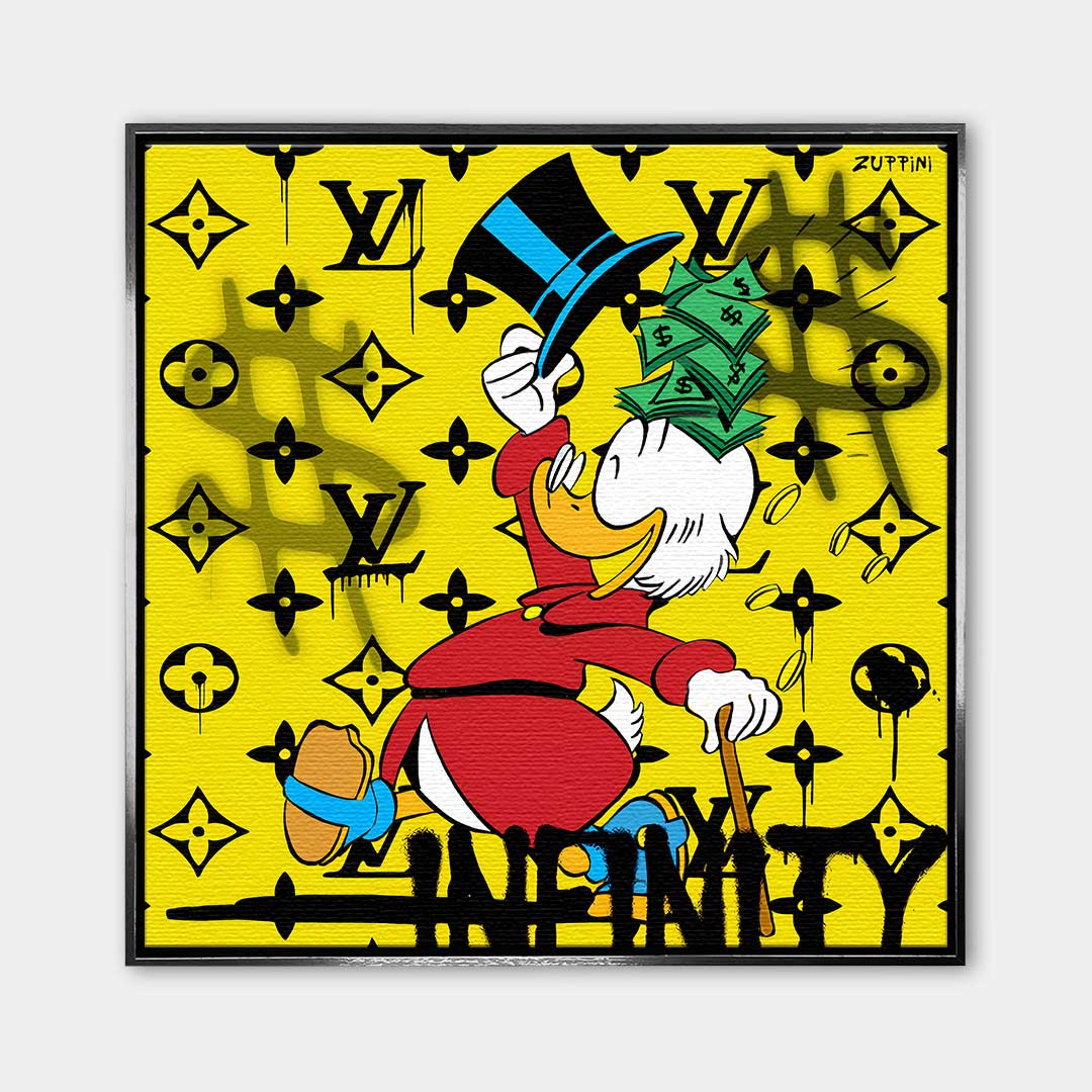 Obraz na płótnie Scrooge Infinity. Nowoczesna sztuka i wydruk galeryjny pop-art ze Sknerusem McKwaczem, plikiem banknotów pod cylindrem i luksusowym tłem.