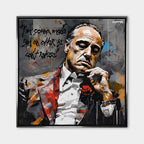 Obraz na płótnie Godfather Offer. Nowoczesna sztuka i wydruk galeryjny z portretem Ojca Chrzestnego i kultowym cytatem o ofercie nie do odrzucenia.