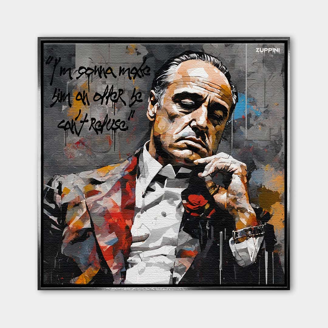 Obraz na płótnie Godfather Offer. Nowoczesna sztuka i wydruk galeryjny z portretem Ojca Chrzestnego i kultowym cytatem o ofercie nie do odrzucenia.