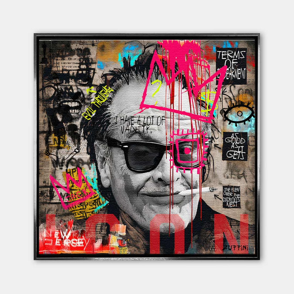 Obraz na płótnie Jack Nicholson styl pop-art street art, wydruk galeryjny czarno-biały z neonową koroną, sztuka nowoczesna limitowana edycja do salonu.