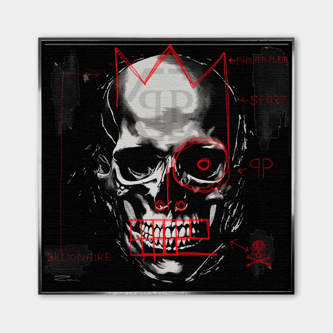 Nowoczesny obraz na płótnie Philipp Plein Billionaire. Mroczny wydruk galeryjny z czaszką i czerwonym graffiti, luksusowa sztuka do biura i salonu.