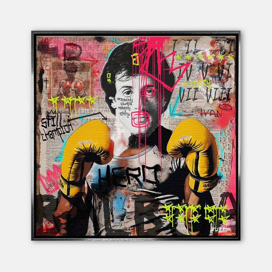 Nowoczesny obraz na płótnie Rocky Balboa. Motywacyjny wydruk galeryjny w stylu street art i pop art, idealna sztuka do biura, salonu lub domowej siłowni.