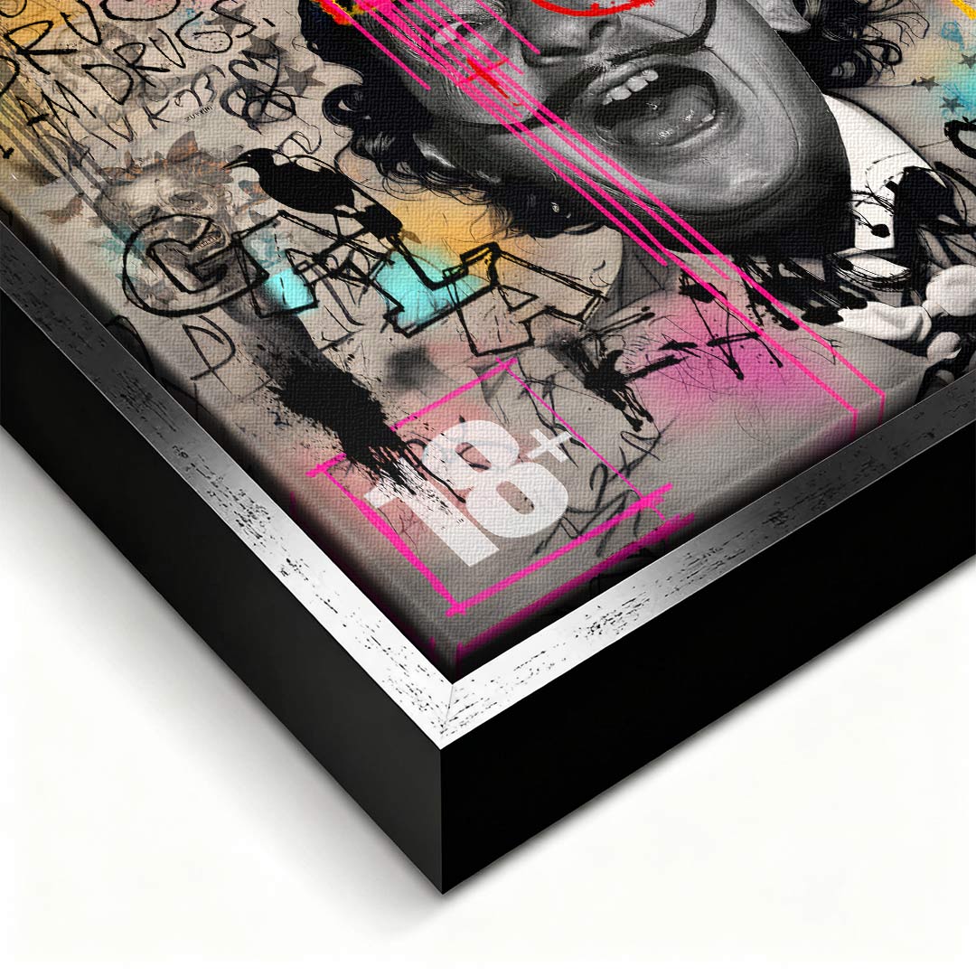 Nowoczesny obraz na płótnie Dali Manifest, wydruk galeryjny pop-art, czarno-biały portret Salvadora Dali z kolorowym graffiti, marka Huephant, limitowana edycja.