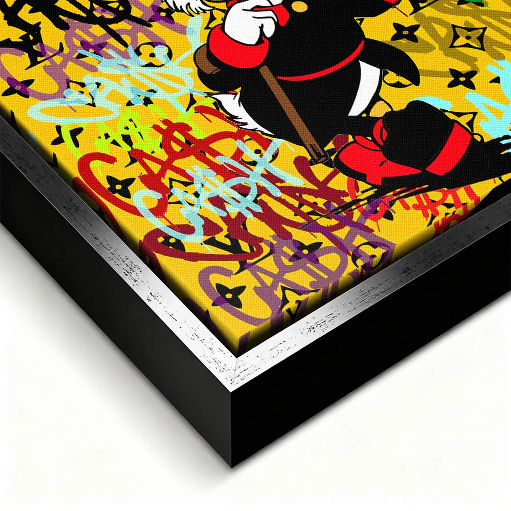 Obraz na płótnie Scrooge Cash. Nowoczesna sztuka i wydruk galeryjny pop-art ze Sknerusem McKwaczem, plikiem banknotów, graffiti i luksusowym monogramem.