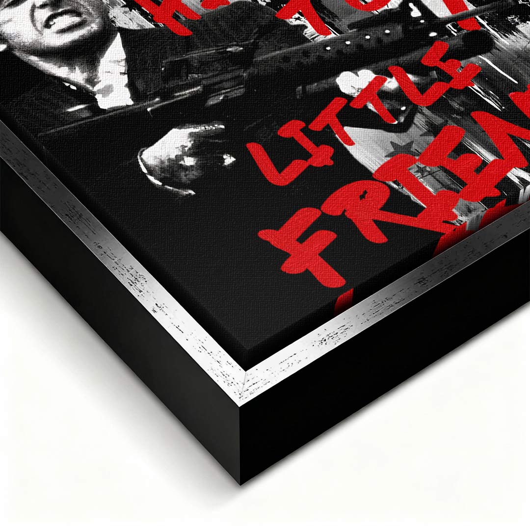 Obraz na płótnie Scarface Little Friend. Nowoczesna sztuka i wydruk galeryjny z Tonym Montaną i czerwonym napisem Say Hello To My Little Friend.